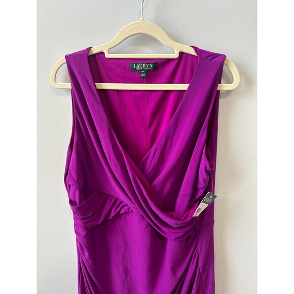 Lauren Ralph Lauren Bodycon Dress Women's Petite 16P Purple Ruched Wrap V Neck - Picture 3 of 12